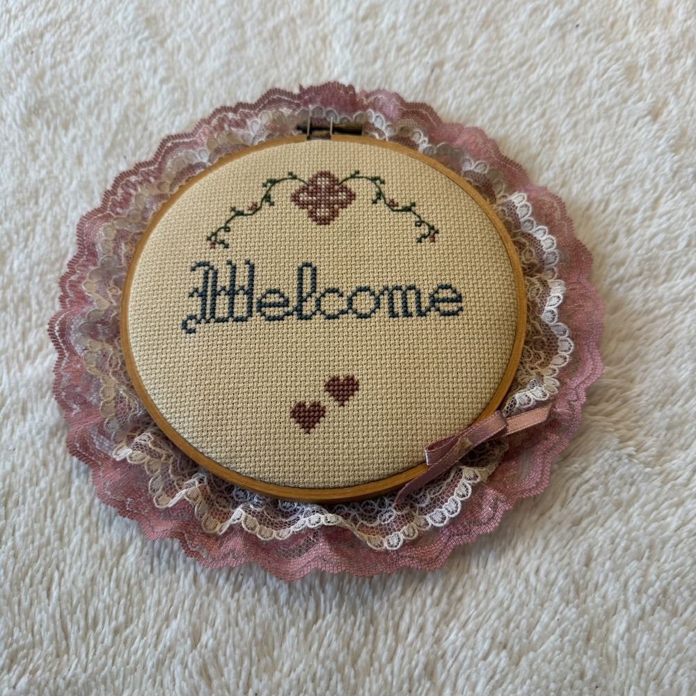 Vintage 80s Handmade Cross Stitch Embroidery Hoop Wall Decor Welcome Grannycore